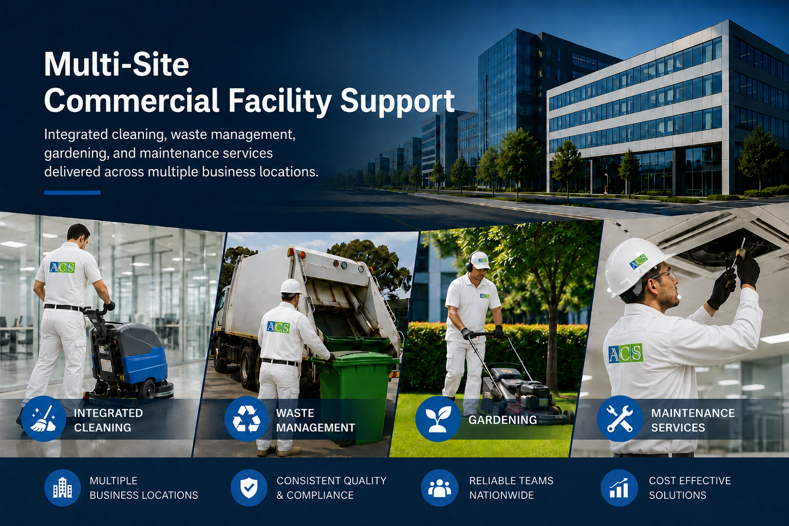 Multi-site commercial facility support including integrated cleaning, waste management, gardening, and maintenance